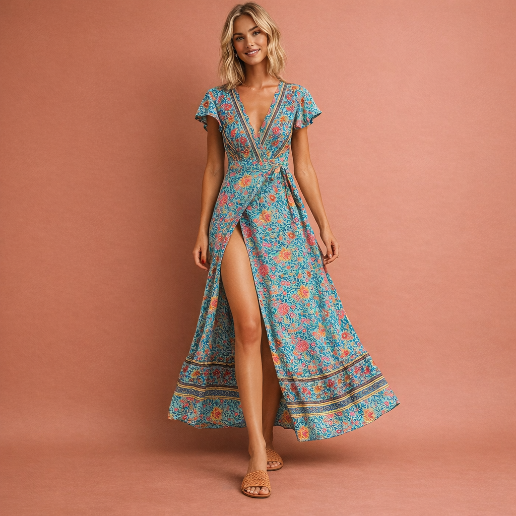 Boho maxi dress with wrap design and high slit for women | Charlotte