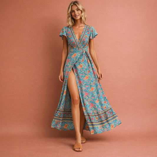 Boho maxi dress with wrap design and high slit for women | Charlotte