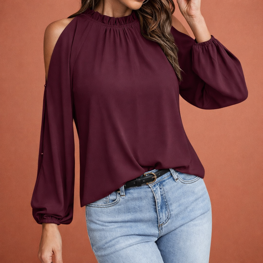 Ladies' blouse with ruffled neckline and open shoulders for elegant outfits | Elinor