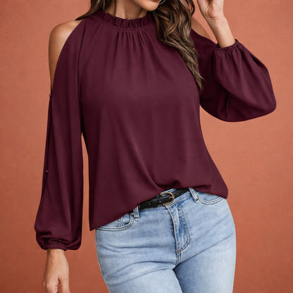 Ladies' blouse with ruffled neckline and open shoulders for elegant outfits | Elinor
