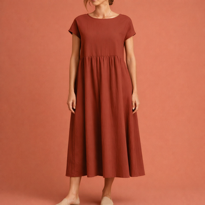Midi vintage O-neck dress for women with a loose fit and summer elegance | Hilde