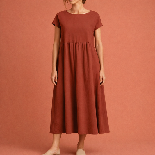Midi vintage O-neck dress for women with a loose fit and summer elegance | Hilde