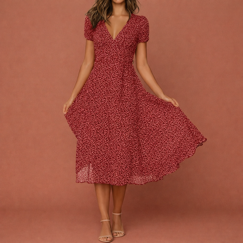 Summer Midi A-Line Dress with Floral Print and V-Neck for Women | Celine