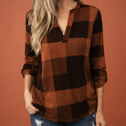 Plaid V-neck blouse for women with long sleeves and cuffed sleeves | Zafira