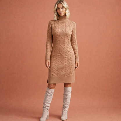 Midi knitted dress with long sleeves and round neckline for women | Wilma
