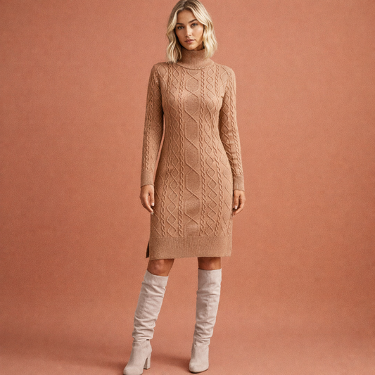 Midi knitted dress with long sleeves and round neckline for women | Wilma