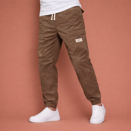 Corduroy pants with multiple pockets and elastic waist for men | Rik