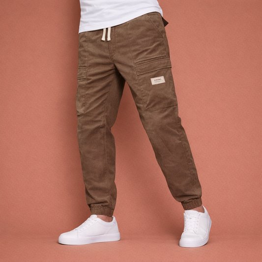 Corduroy pants with multiple pockets and elastic waist for men | Rik