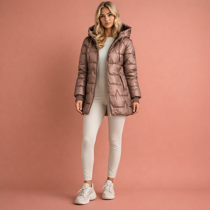 Long padded coat with hood and zipper for women | Yvette