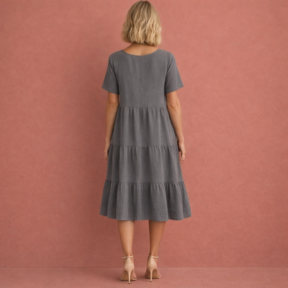 Midi dress with V-neck and flouncy ruffles for women | Rebecca