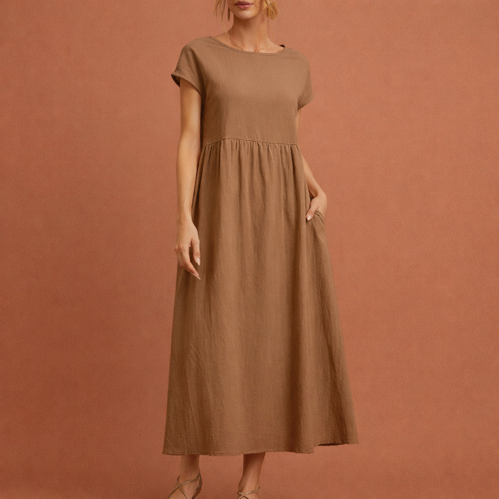 Midi vintage O-neck dress for women with a loose fit and summer elegance | Hilde