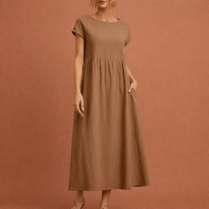 Midi vintage O-neck dress for women with a loose fit and summer elegance | Hilde