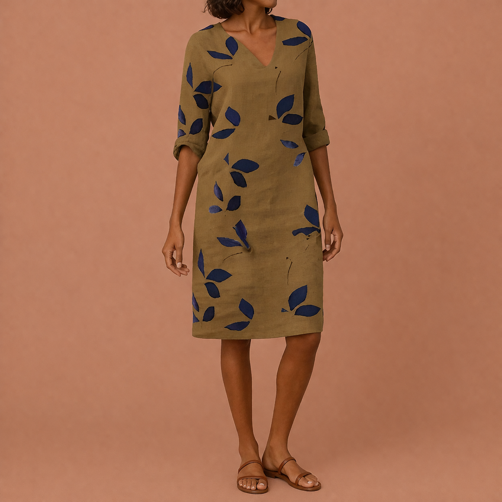 Midi dress with leaf print and V-neck for women | Nina