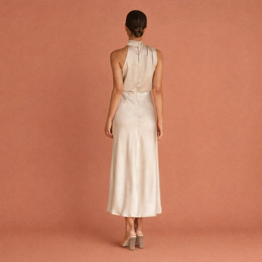 Elegant maxi dress with draped neckline and sleeveless design for women | Helena