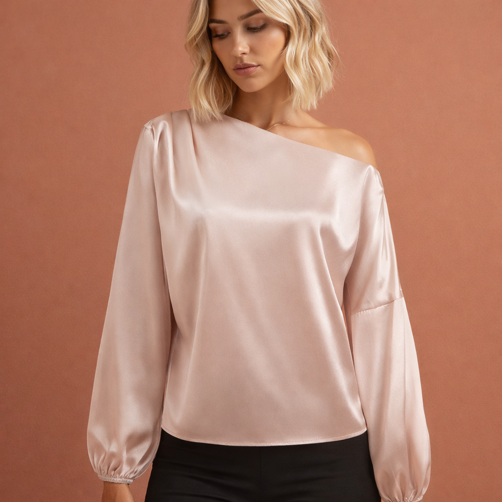 Satin One-Shoulder Blouse with Balloon Sleeves for Women | Evelien