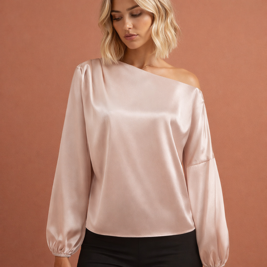 Satin One-Shoulder Blouse with Balloon Sleeves for Women | Evelien