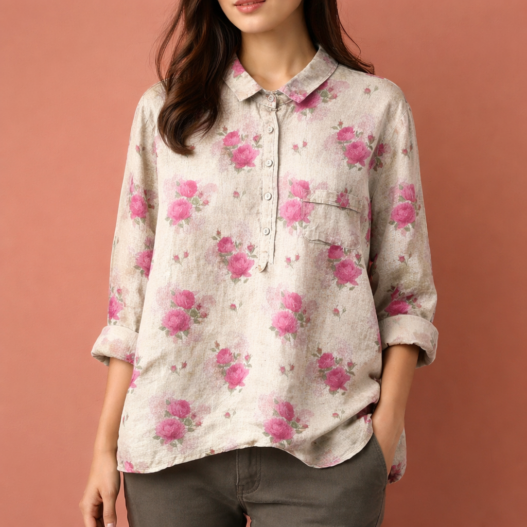 Flower print blouse with long sleeves and collar for women | Viona