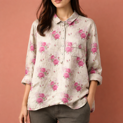 Flower print blouse with long sleeves and collar for women | Viona