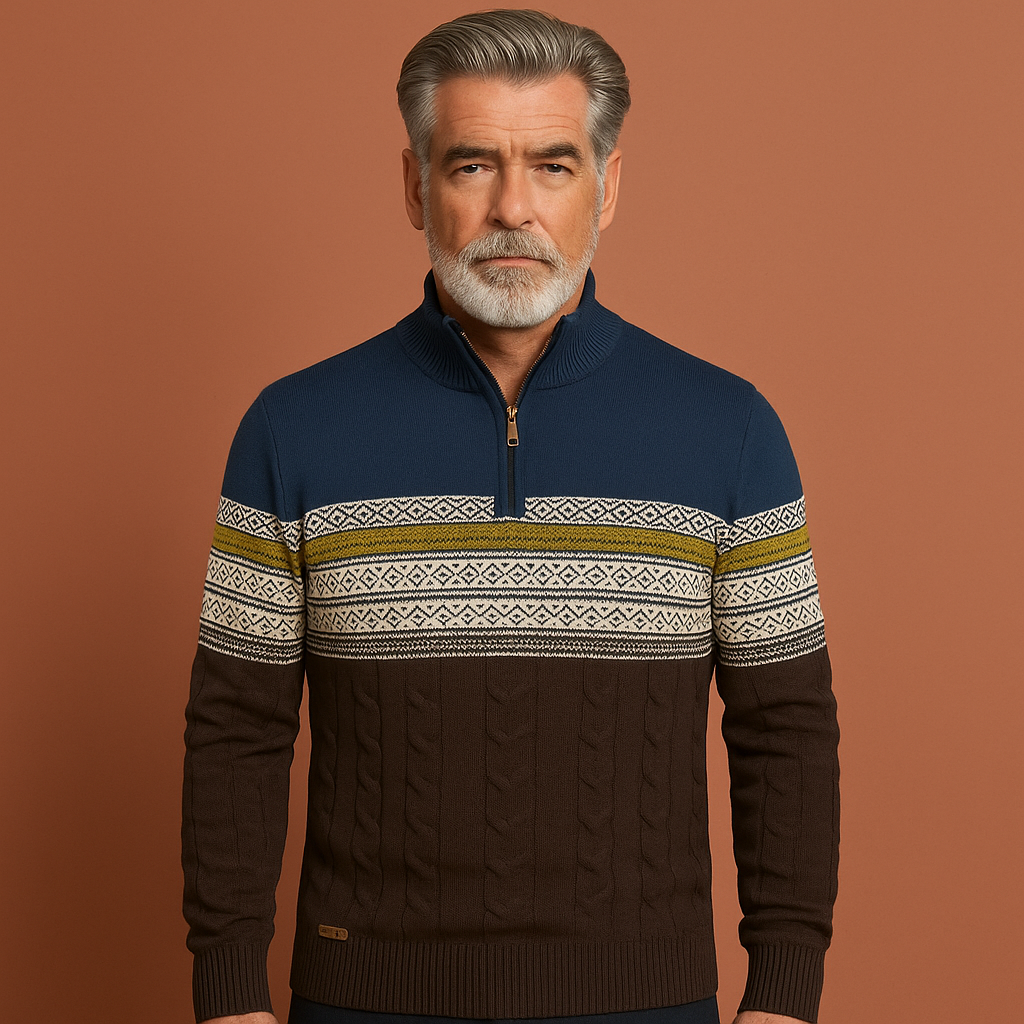 Knitted winter sweater with zipper and Norwegian pattern for men | Mees