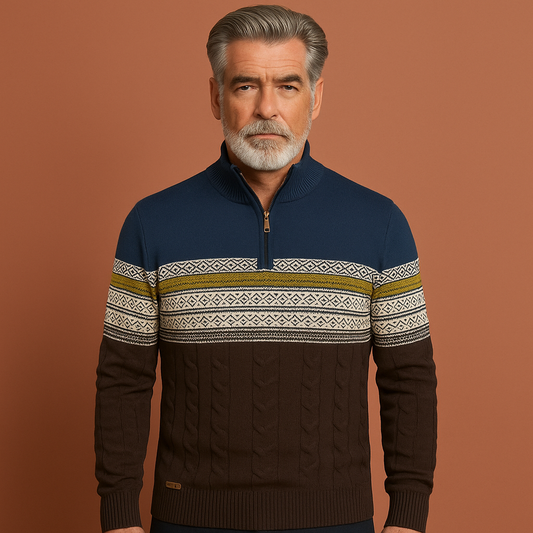 Knitted winter sweater with zipper and Norwegian pattern for men | Mees