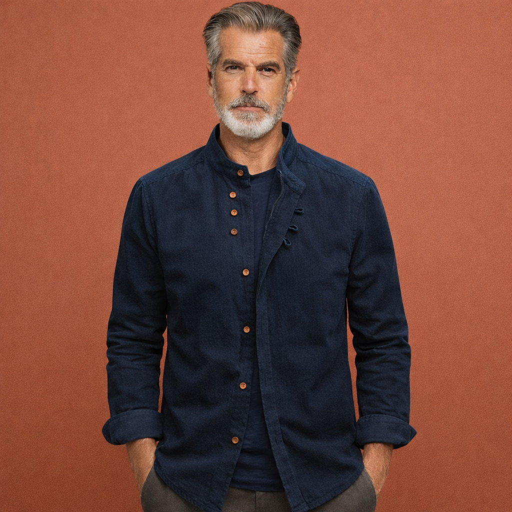 Men's shirt in Japanese style with high collar and asymmetrical buttons | Arjan