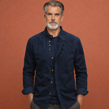 Men's shirt in Japanese style with high collar and asymmetrical buttons | Arjan