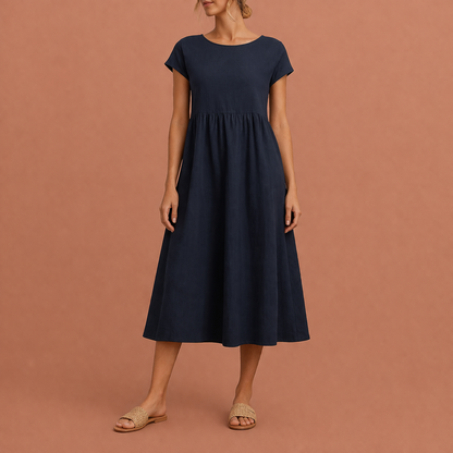 Midi vintage O-neck dress for women with a loose fit and summer elegance | Hilde