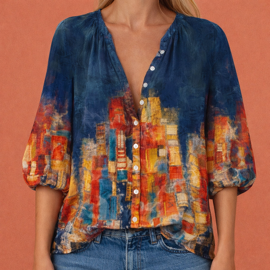 Printed blouse with V-neck and button closure for women | Mireya