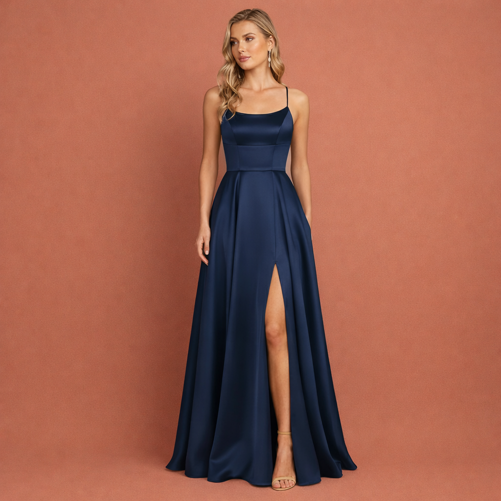 Maxi evening dress with thin straps and high slit for women | Aurelia