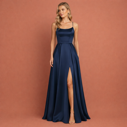 Maxi evening dress with thin straps and high slit for women | Aurelia
