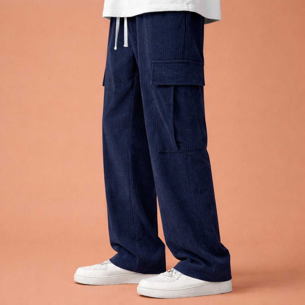 Corduroy cargo pants with drawstring and loose fit for men | Wybren