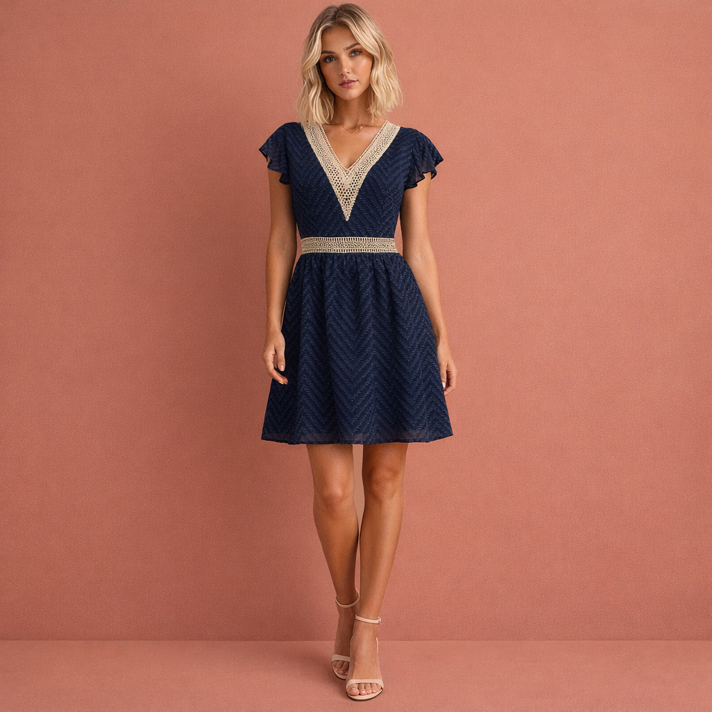 Lightweight mini dress with V-neck and waistband for women | Novi