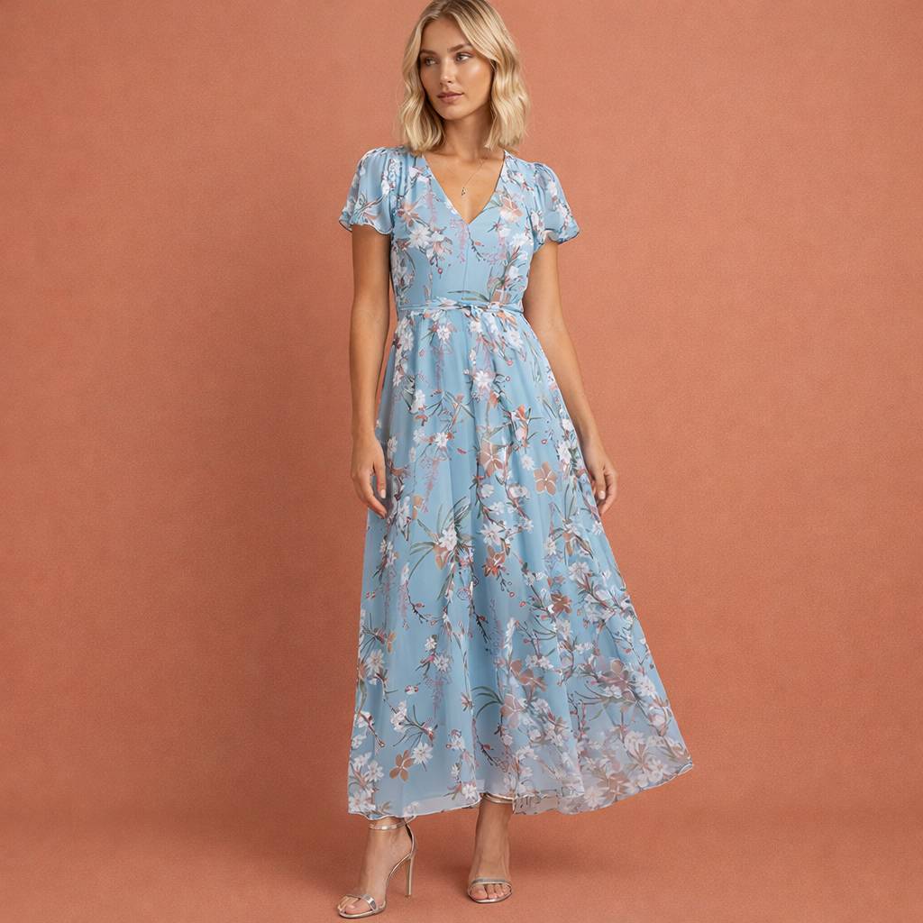 Maxi dress with V-neck and butterfly sleeves for women | Emilia