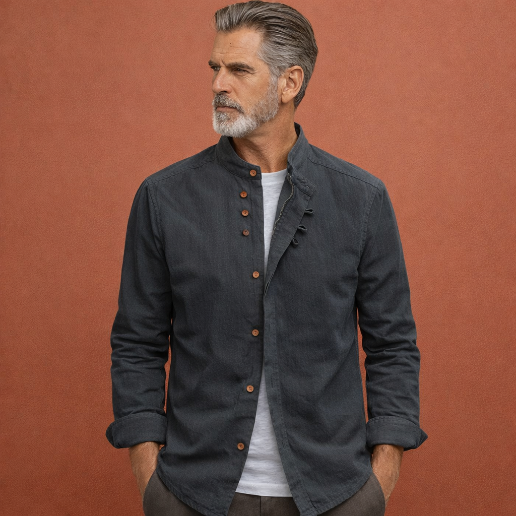 Men's shirt in Japanese style with high collar and asymmetrical buttons | Arjan