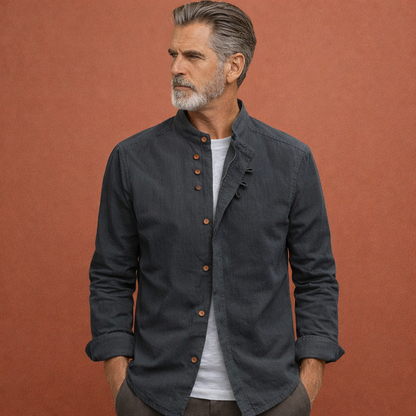 Men's shirt in Japanese style with high collar and asymmetrical buttons | Arjan