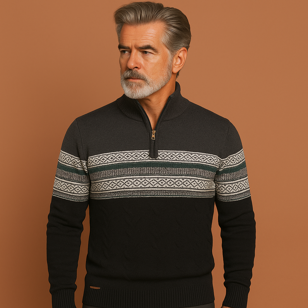 Knitted winter sweater with zipper and Norwegian pattern for men | Mees