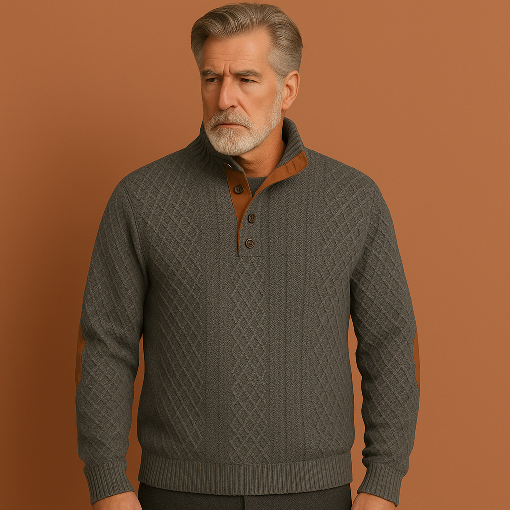 Knit Men's Sweater with Button Collar and Elbow Details | Antoon