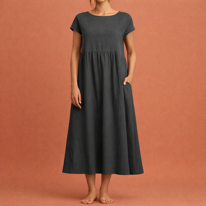 Midi vintage O-neck dress for women with a loose fit and summer elegance | Hilde