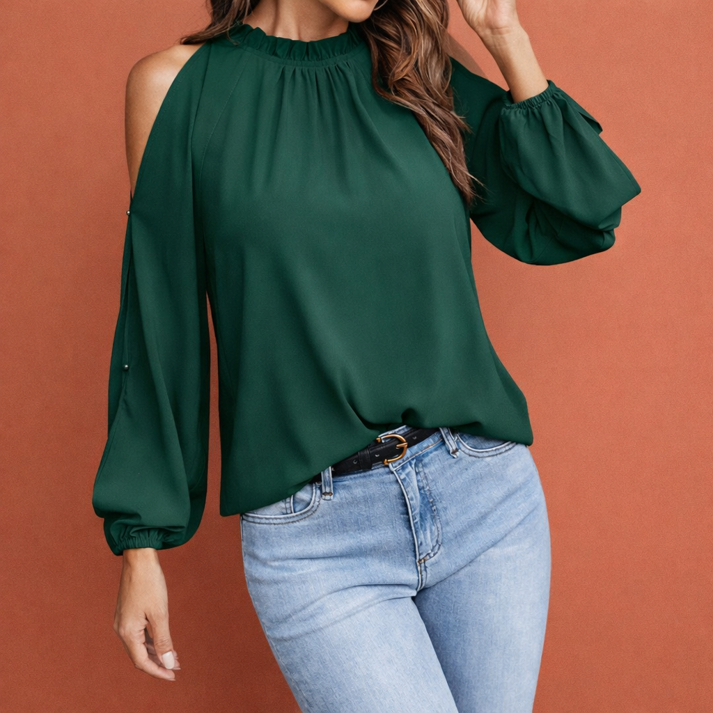 Ladies' blouse with ruffled neckline and open shoulders for elegant outfits | Elinor