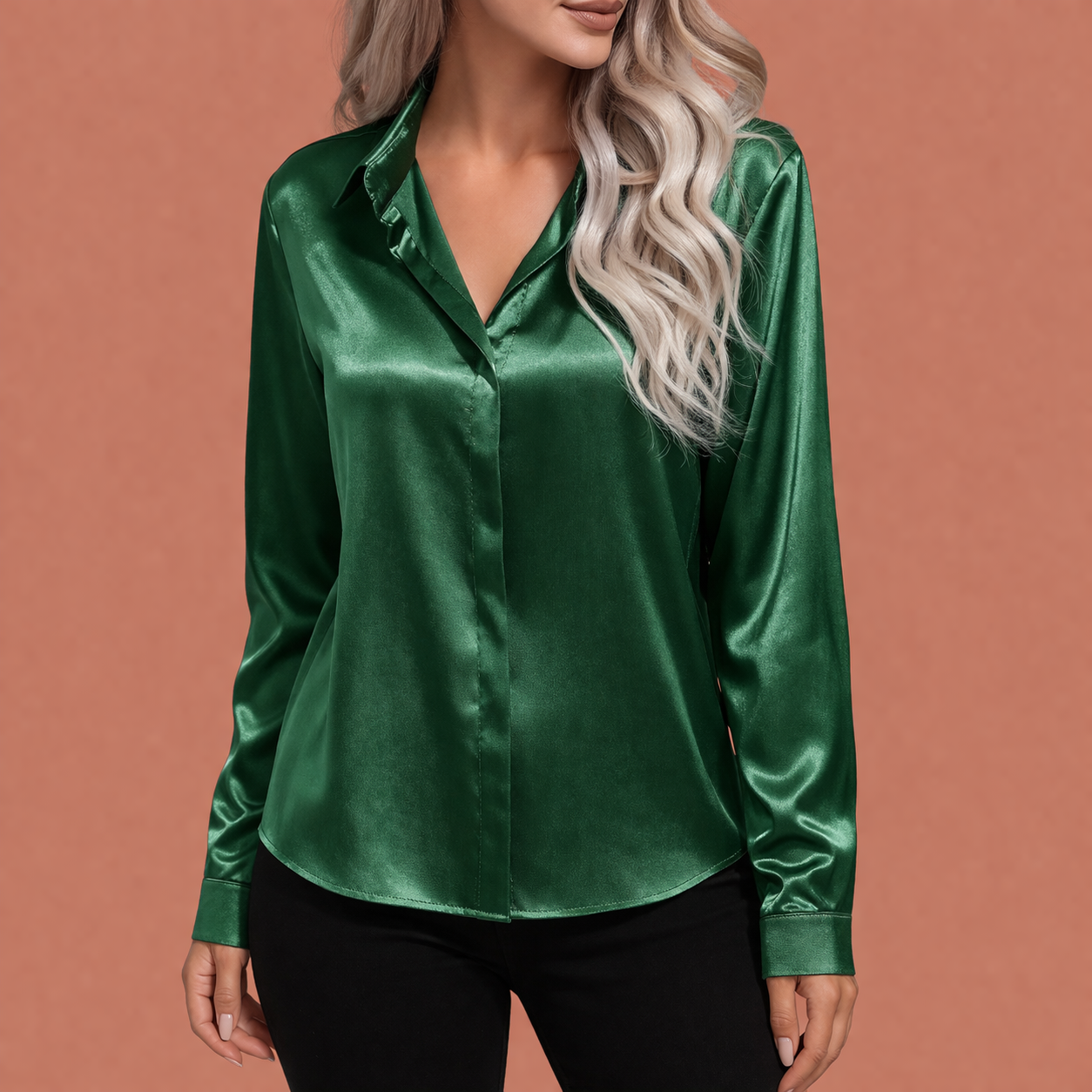 Satin women's blouse with classic collar and hidden button closure | Serena
