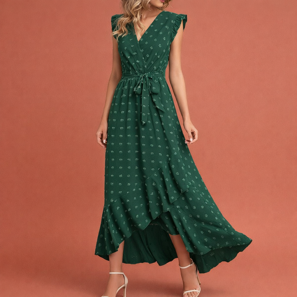 Maxi pleated dress with polka dots and short sleeves for women | Celina