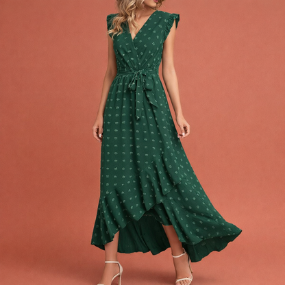 Maxi pleated dress with polka dots and short sleeves for women | Celina