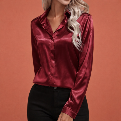 Satin women's blouse with classic collar and hidden button closure | Serena