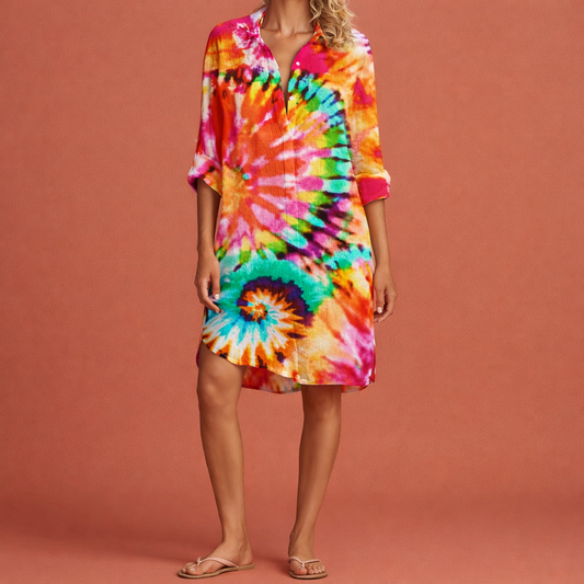 Midi summer dress with colorful print and A-line fit for women | Annalise