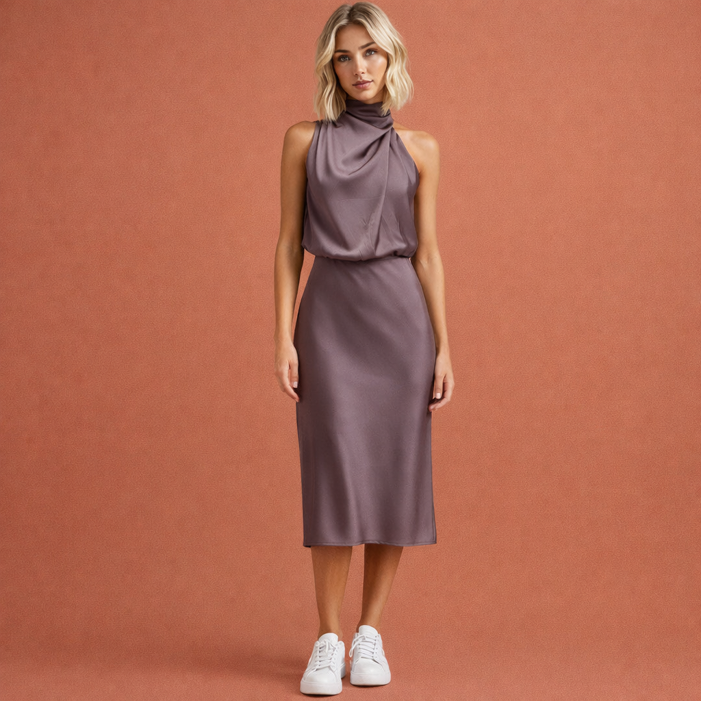Elegant maxi dress with draped neckline and sleeveless design for women | Helena