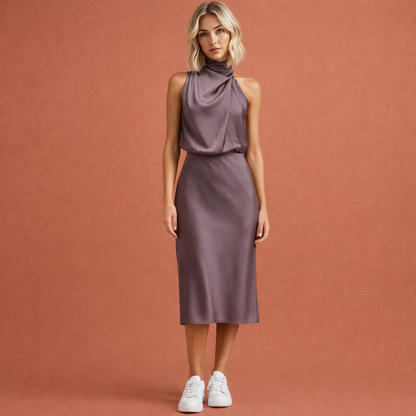Elegant maxi dress with draped neckline and sleeveless design for women | Helena