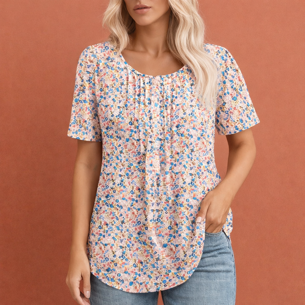 Ladies' Summer Top with Round Neck and Pleat Details | Marlijn