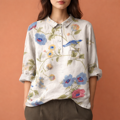 Flower print blouse with long sleeves and collar for women | Viona
