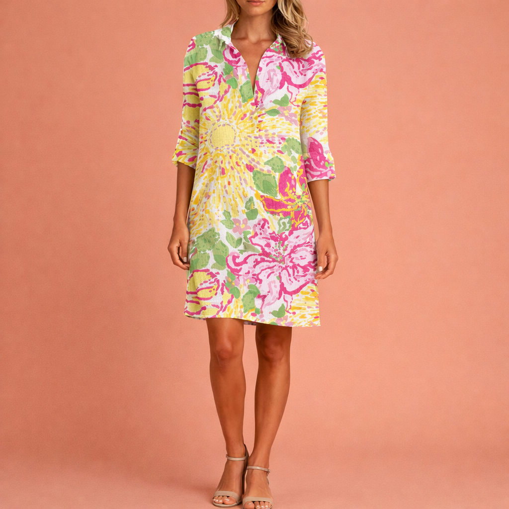 Midi summer dress with colorful print and A-line fit for women | Annalise