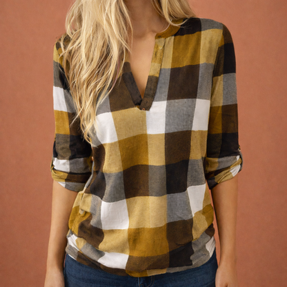Plaid V-neck blouse for women with long sleeves and cuffed sleeves | Zafira